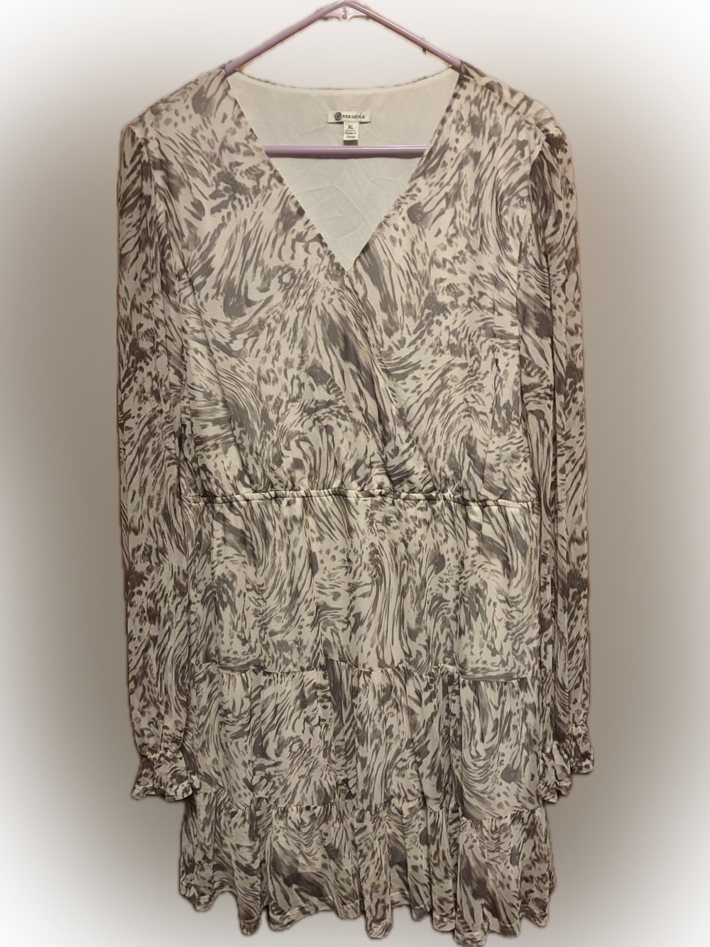 New Versona Taupe & Cream Abstract Print Long Sleeve Dress